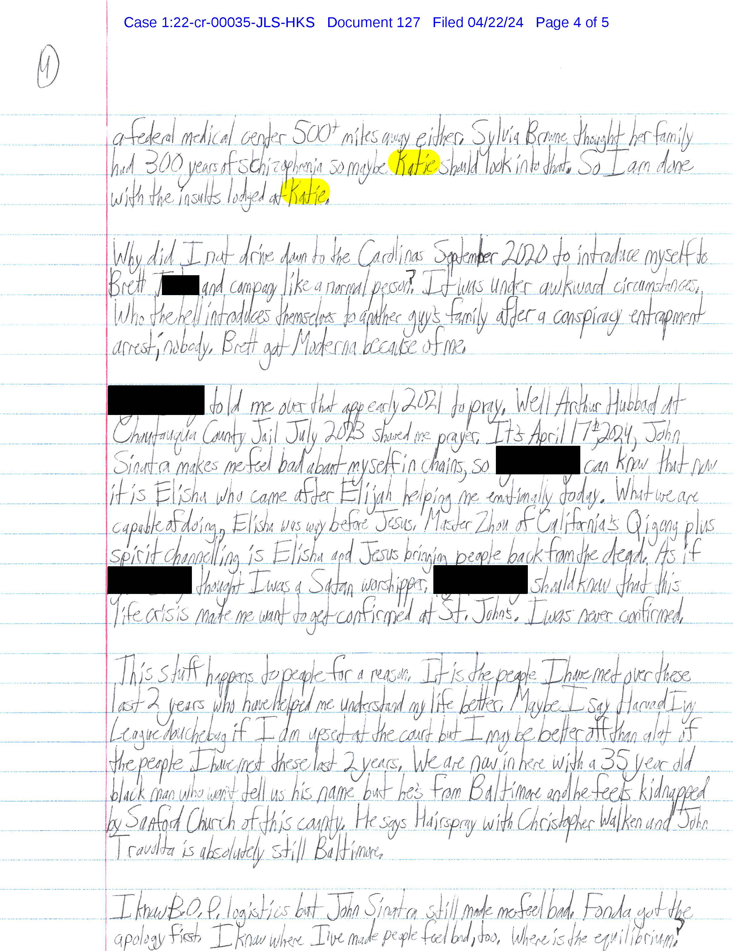 A handwritten letter from Luke Wenke to federal judge John Sinatra Jr.; 04/22/2024