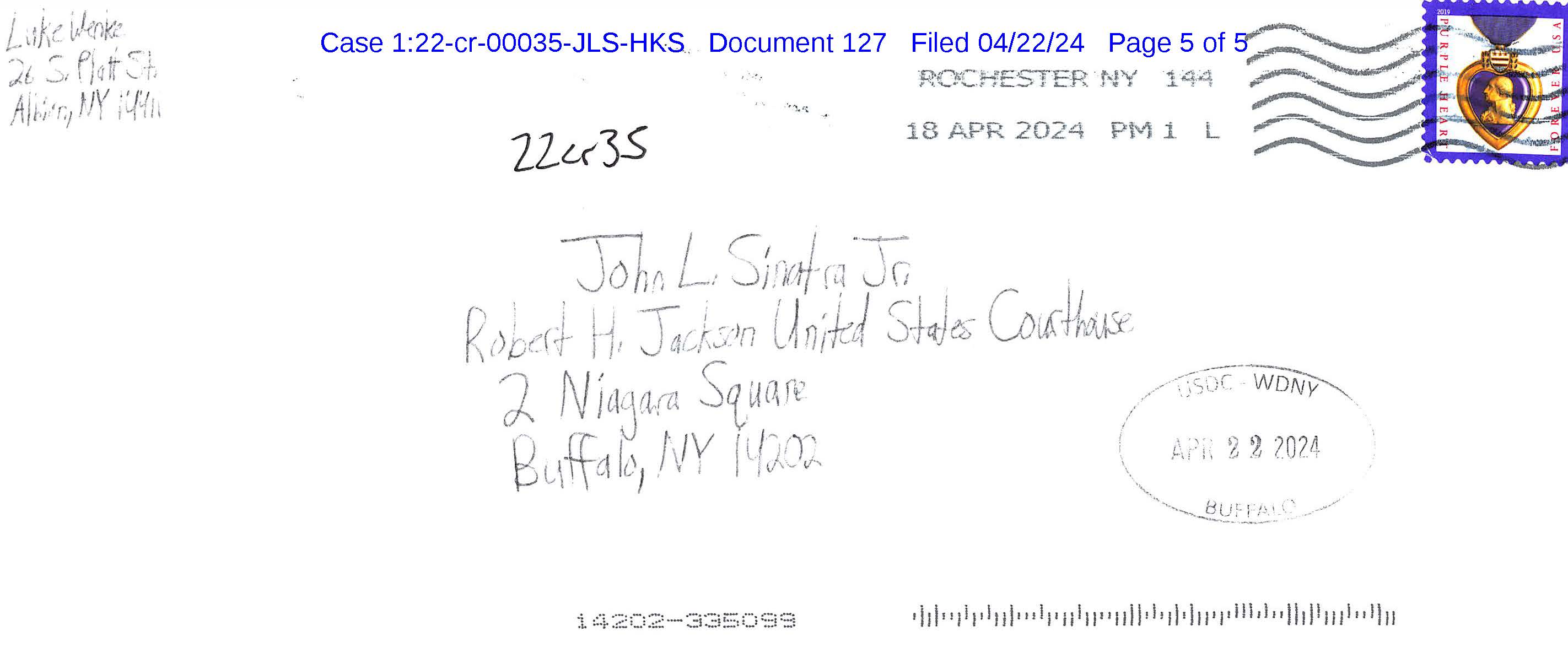 A handwritten letter from Luke Wenke to federal judge John Sinatra Jr.; 04/22/2024