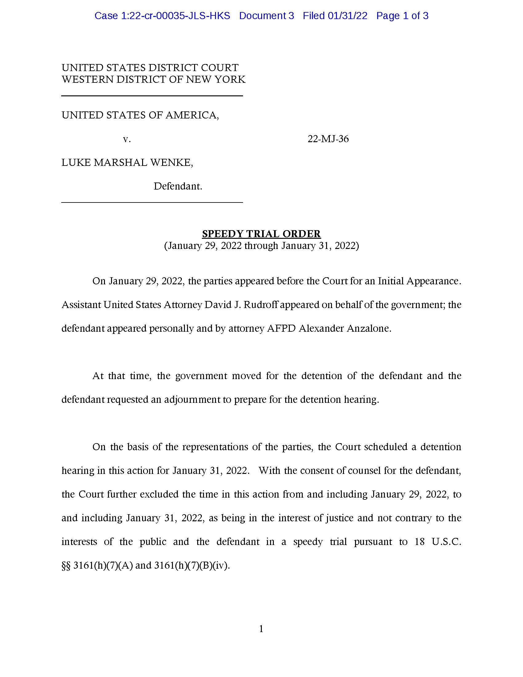 usa v. luke wenke speedy trial order january 2022