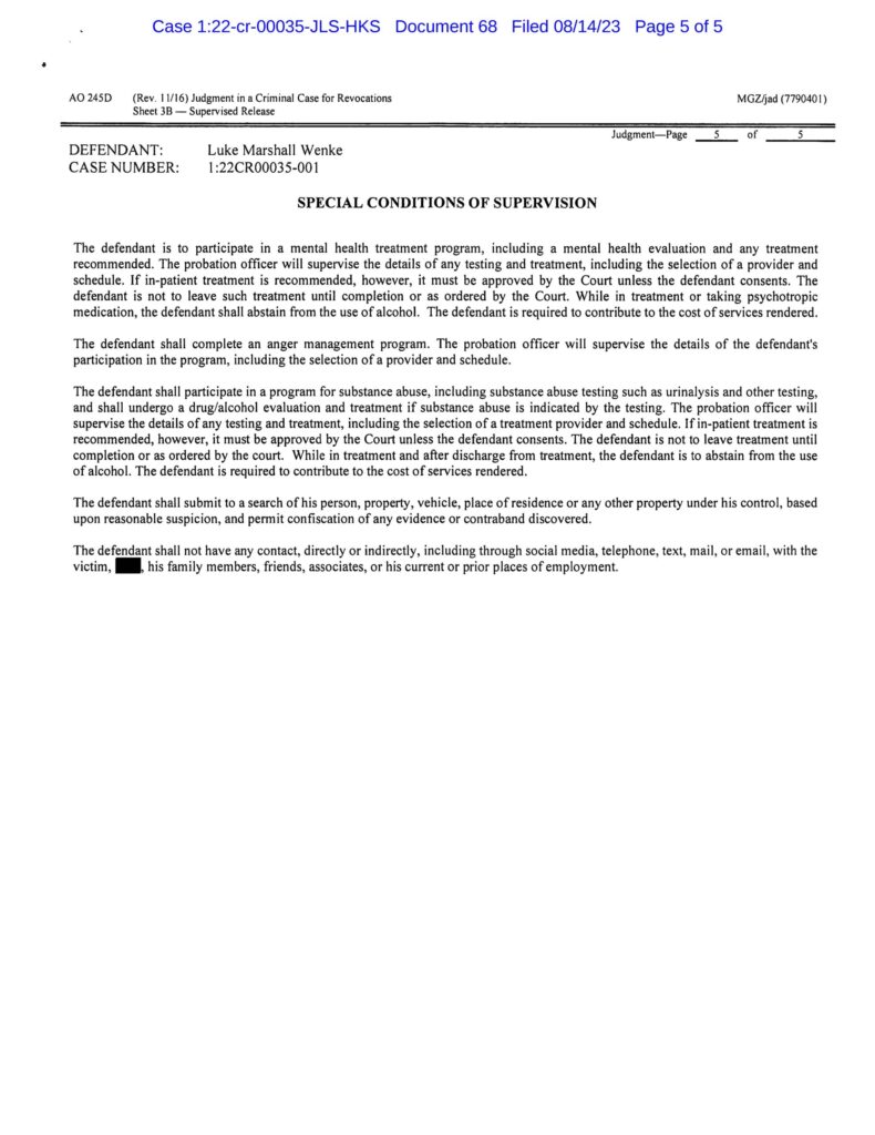 usa v. wenke judgment finding luke wenke guilty of violating federal probation 2023