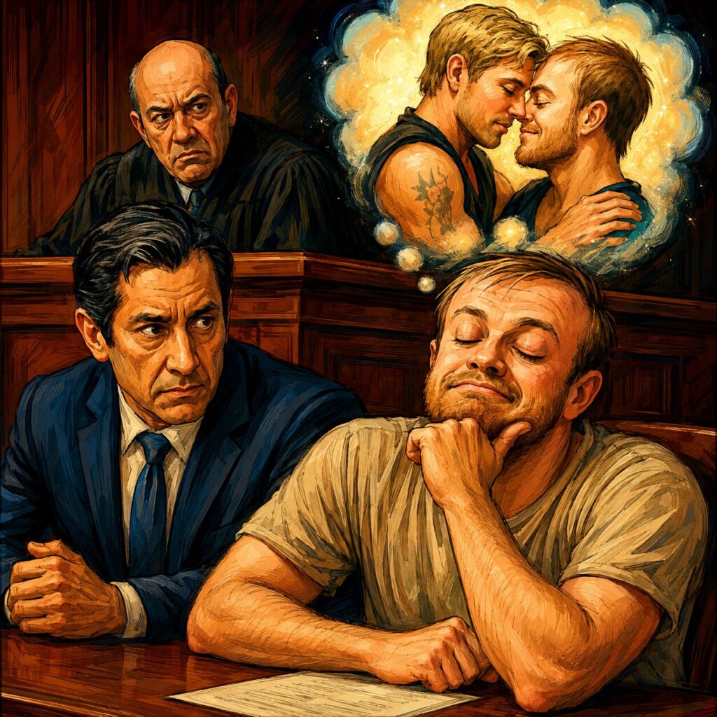 a painterly/comic-like image of a 30-something white male criminal defendant daydreaming in court about his stalking victim