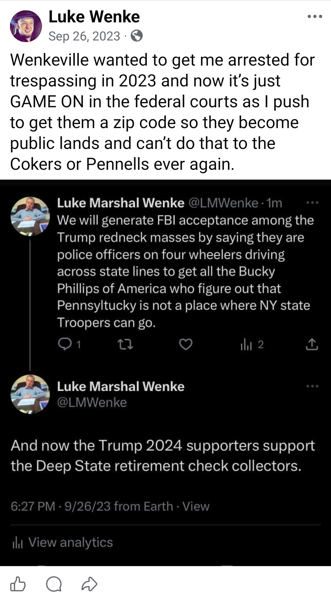 luke wenke facebook screenshot wenkeville 2023