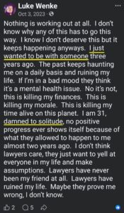 luke wenke facebook screenshot incel talk 2023
