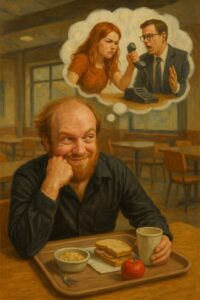 not luke wenke inmate cafeteria lunch tray alone balding white man daydreaming redheaded woman