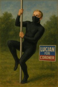 not luke wenke white man black formfitting suit pole dancing outdoors grass sky trees lucian for coroner sign