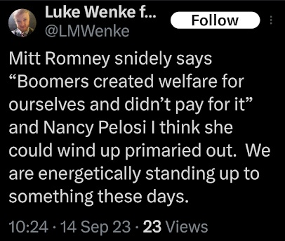 screenshot of a september 2024 luke wenke x/twitter post about mitt romney and the history of welfare