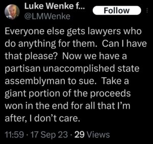 luke wenke x twitter screenshots threats to sue ny assemblyman david dipietro 2023
