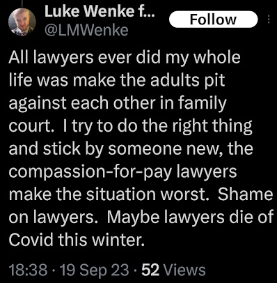 a screenshot of a luke wenke x/twitter post wishing death on lawyers during the holiday season