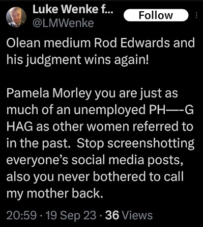 luke wenke harasses stalking victim pamela morley in an x/twitter screenshot september 2023