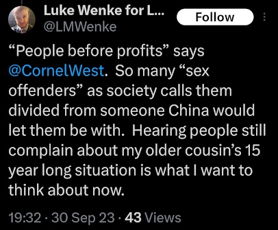 luke wenke supports sex offenders and pedophiles september 2023 x/twitter screenshot