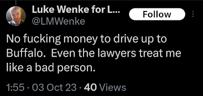 luke wenke whines about being broke x/twitter screenshot october 2023