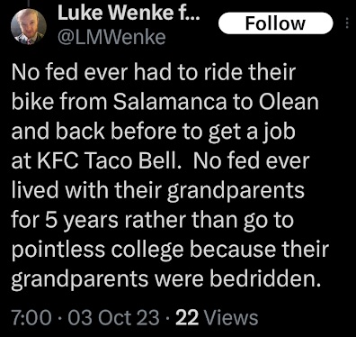 luke wenke acting jealous of the federal government and thinking his life is hard october 2023