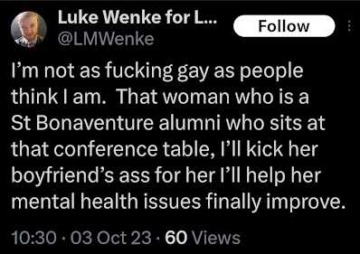 x/twitter screenshot of luke wenke threatening to kick someone's ass at St. Bonavenure university; october 2023