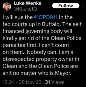 luke wenke x twitter screenshot threats to sue olean police department 2025