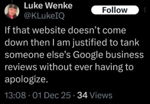 luke wenke x twitter screenshot threats false reveiws 2025 