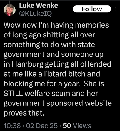 screenshot of luke wenke slandering stalking victim katie for her political beliefs