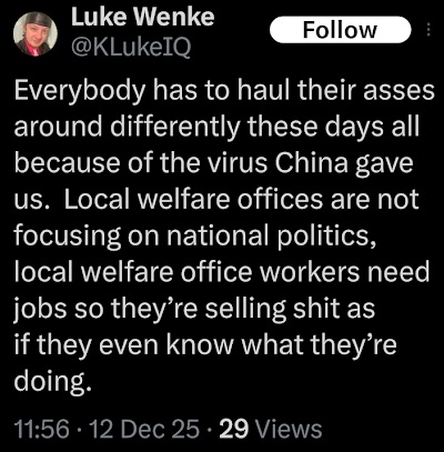 luke wenke complains about incompetent welfare employees x/twitter screenshot december 2025