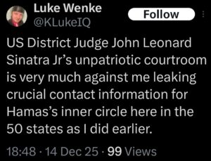 luke wenke ex-twitter post threatening to leak stalking victims' personal information december 2025