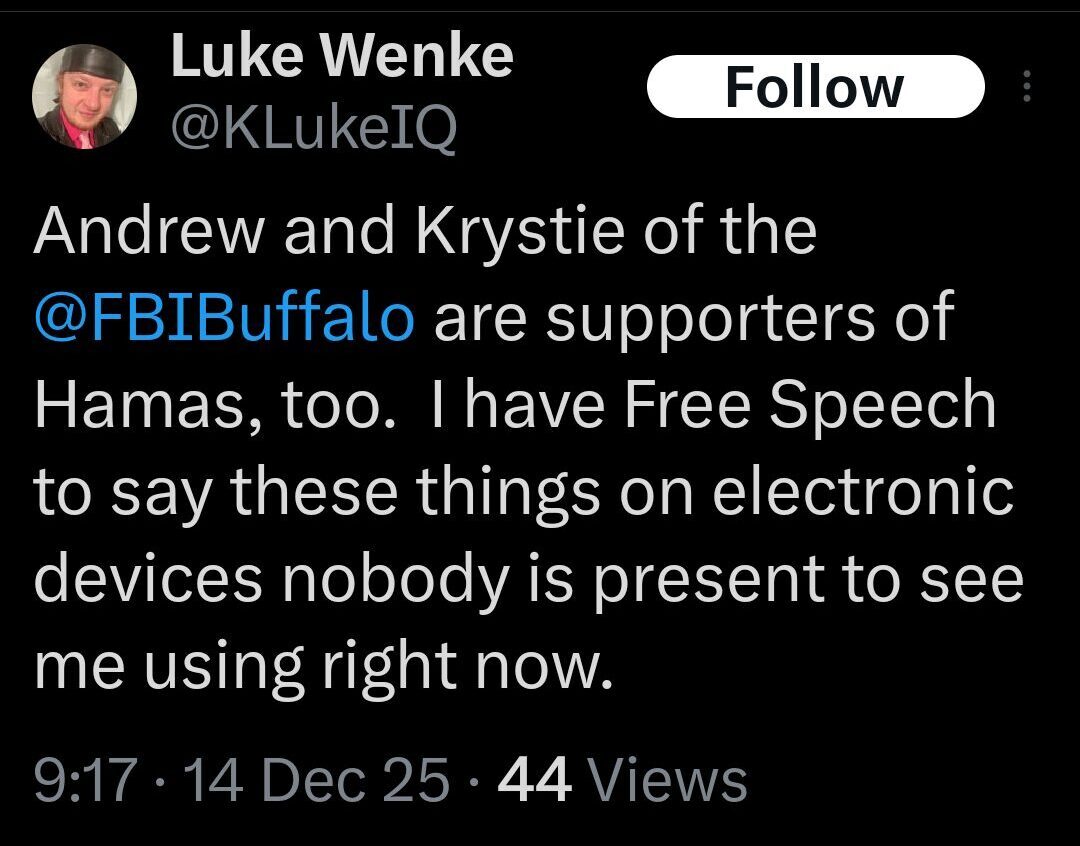 screenshot of a december 2025 luke wenke x/twitter post falsely accusing the fbi of supporting hamas