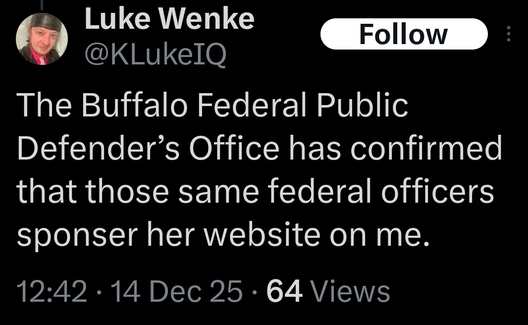 screenshot of december 2025 luke wenke x/twitter post falsely claiming the government sponsors stalking victim katie's website