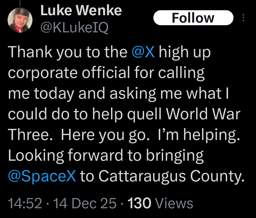 Luke Wenke calls for warfare and violence because he's mad at his victims for self-advocating x/twitter screenshot december 2025