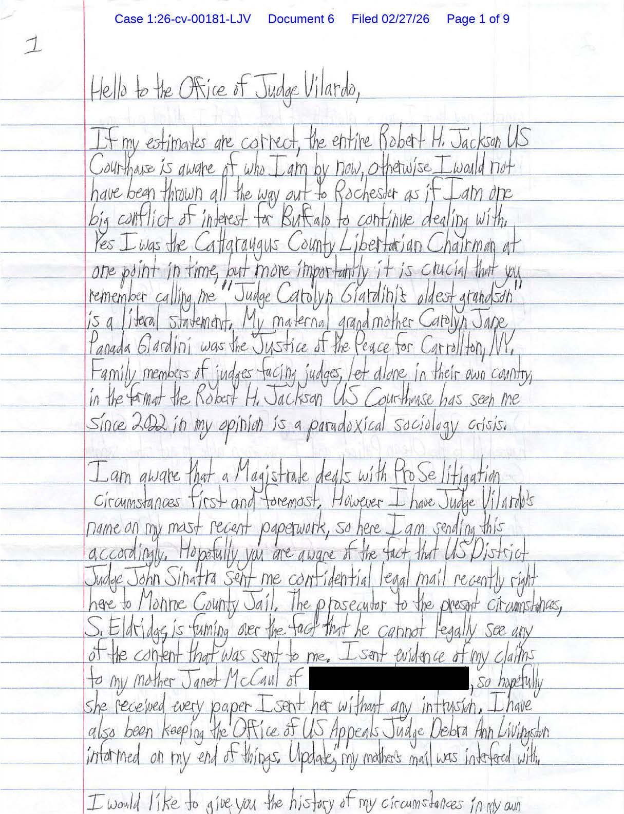 A handwritten letter from Luke Wenke to the Honorable Lawrence J. Vilardo; 02/27/2026