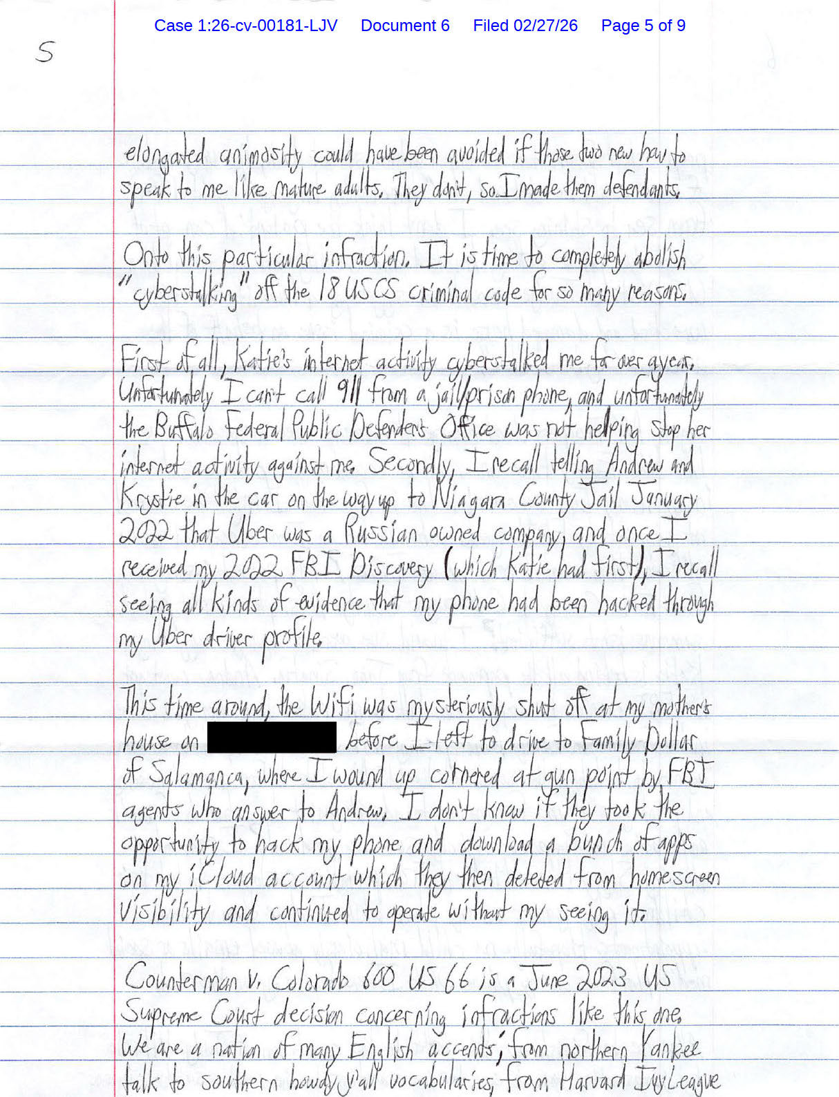 A handwritten letter from Luke Wenke to the Honorable Lawrence J. Vilardo; 02/27/2026