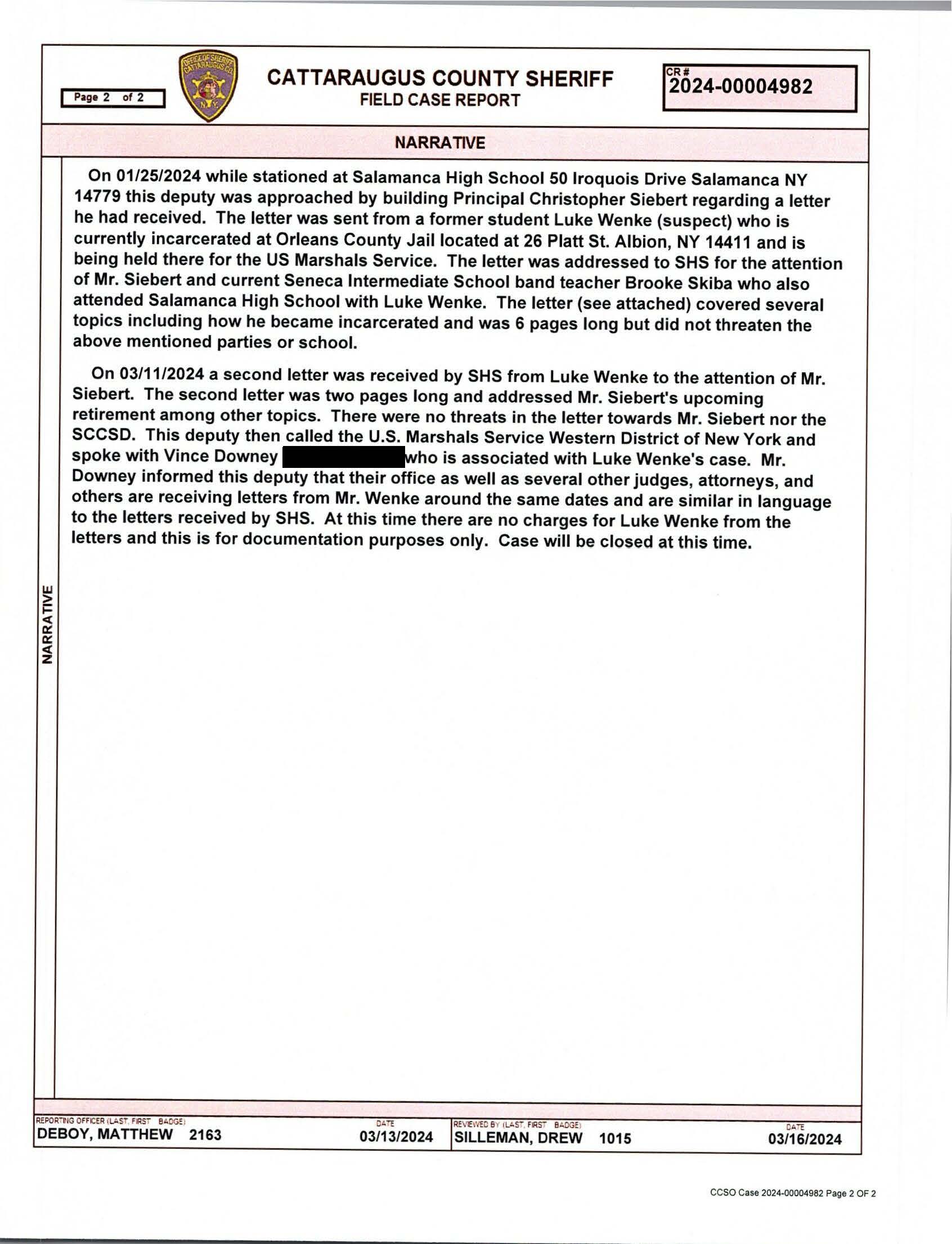 cattaraugus county sheriffs report on luke wenke 03/11/2024