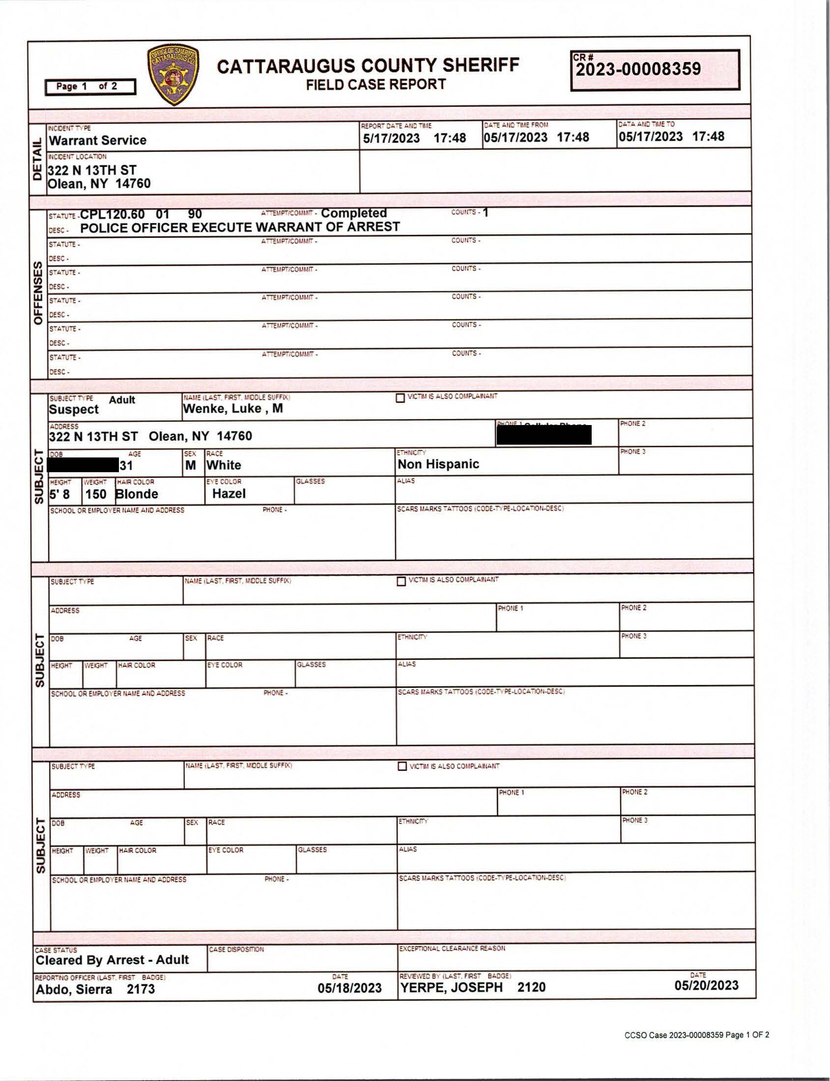cattaraugus county ny sheriff's report on luke wenke 05/17/2023