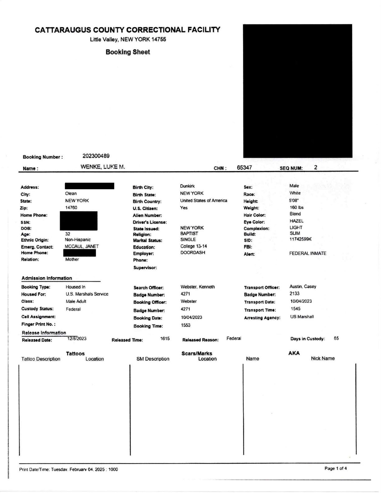 records detailing luke wenke's time at the cattaraugus county jail in little valley, ny from 10-04-2023-12/09/2023
