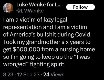 luke wenke claims he's a victim of bad lawyers x/twitter screenshot september 2023