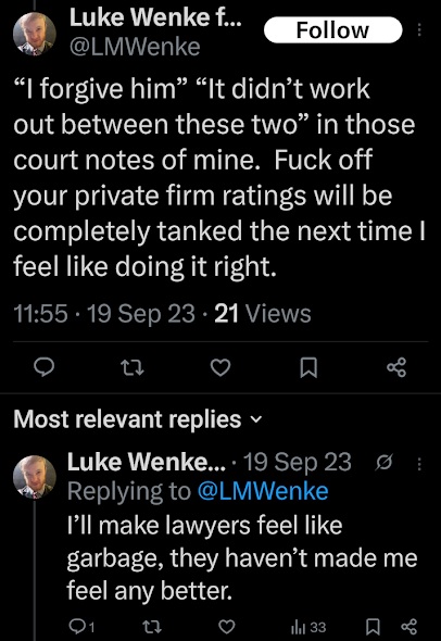 a screenshot of an x/twitter post by luke wenke threatening to write false one-star online reviews about his cyberstalking victim's law firm