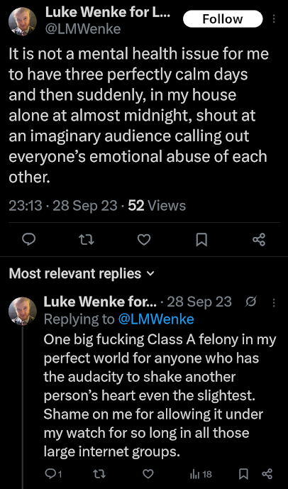luke wenke denies that his outbursts are caused by mental illness x/twitter screneshot september 2023
