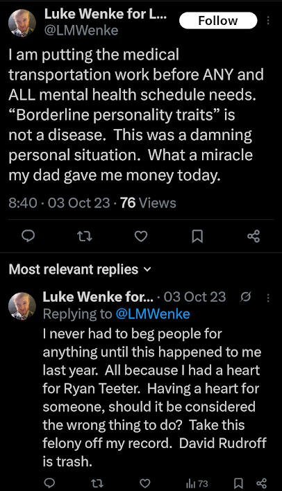 luke wenke refuses to prioritize court mandated mental health treatment x/twitter screenshot october 2023