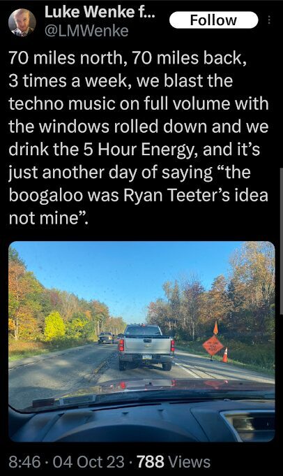 luke wenke x/twitter screenshot complaining about driving to court mandated mental health treatment 10/2023
