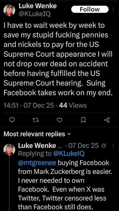 screenshot of a 2025 luke wenke x/twitter post threatening to sue facebook