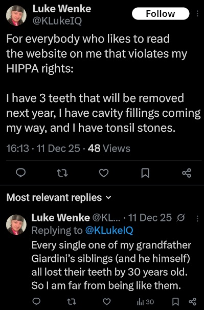 screenshot of a december 2025 Luke Wenke x/twitter post falsely accusing stalking victim katie of violating hipaa rights