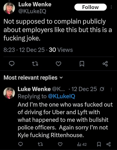 screenshot of a december 2025 luke wenke x/twitter post complaining about post-prison employment