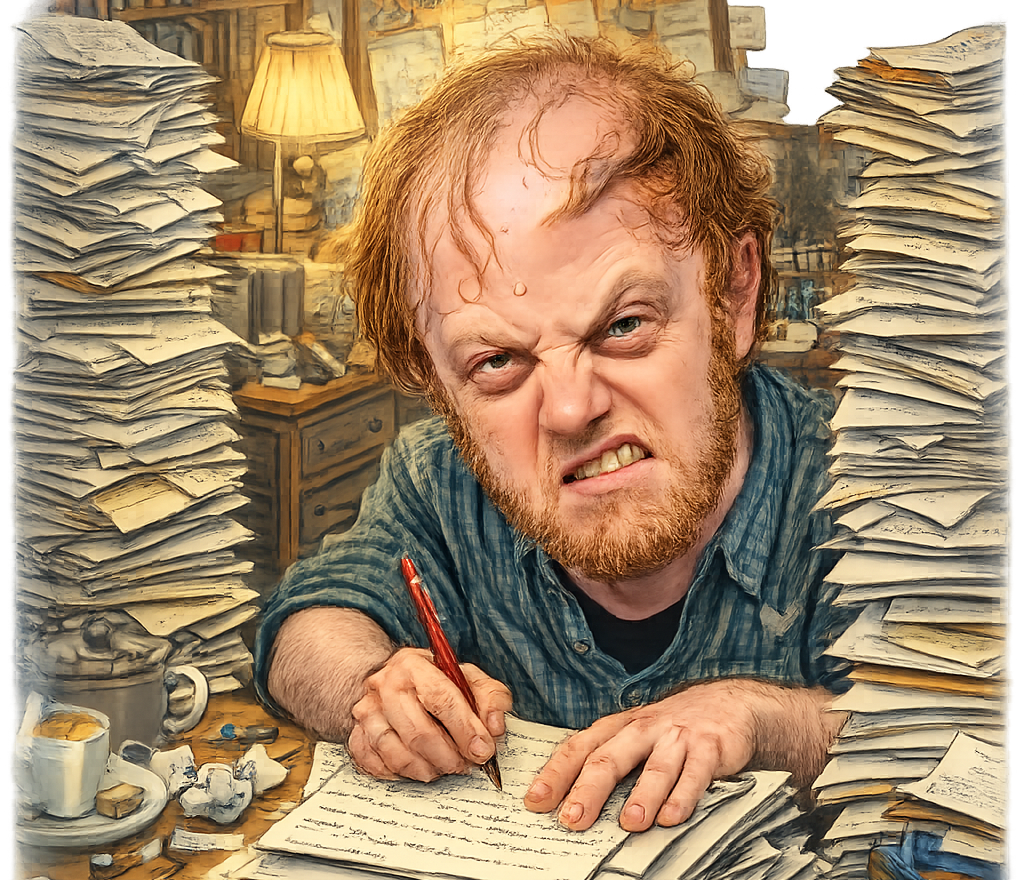 a painterly image of a frustrated and disheveled white man writing angrily at a desk inside a hoarded home office.