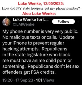 screenshot of luke wenke's hypocritical tweet wondering how the cops got his phone number