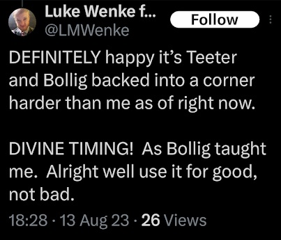 luke wenke brags about backing stalking victims ryan teeter and elexya into a corner x/twitter screenshot august 2023