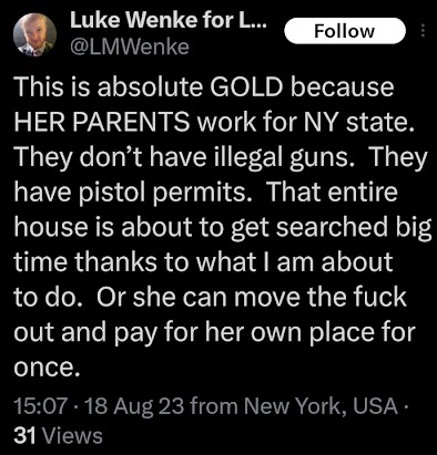 luke wenke is excited to try getting stalking victim katie's family swatted x/twitter screenshot august 2023
