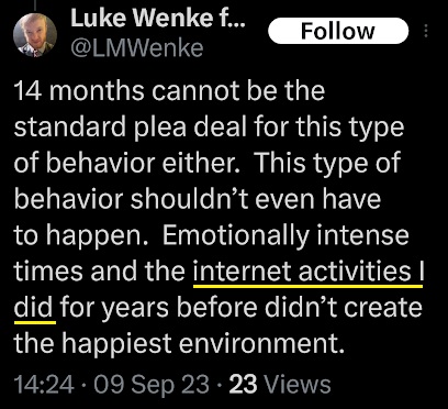 luke wenke admits to instigating drama on social media x/twitter screenshot september 2023