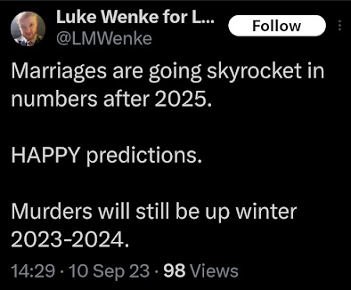 luke wenke predicts an increase in murders x/twitter screenshot september 2023