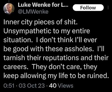 luke wenke mocks inner city dwellers in an x/twitter post october 2023