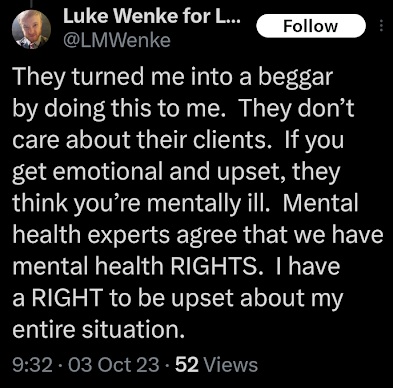 luke wenke accuses the authorities of turning him into a beggar x/twitter screenshot october 2023