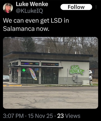 screenshot of a november 2o25 luke wenke x/twitter post about buying drugs in salamanca ny