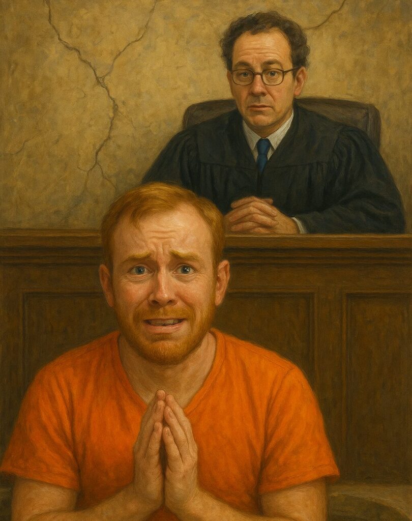 scared generic white male defendant in orange jail clothing in front of a middle-aged white judge