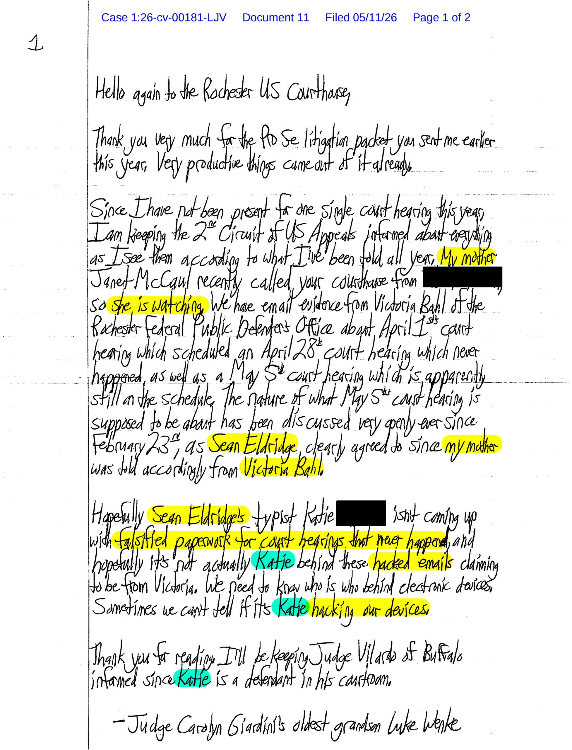 A letter from Luke Wenke to the U.S. District Court in Rochester, NY; 05/11/2026.