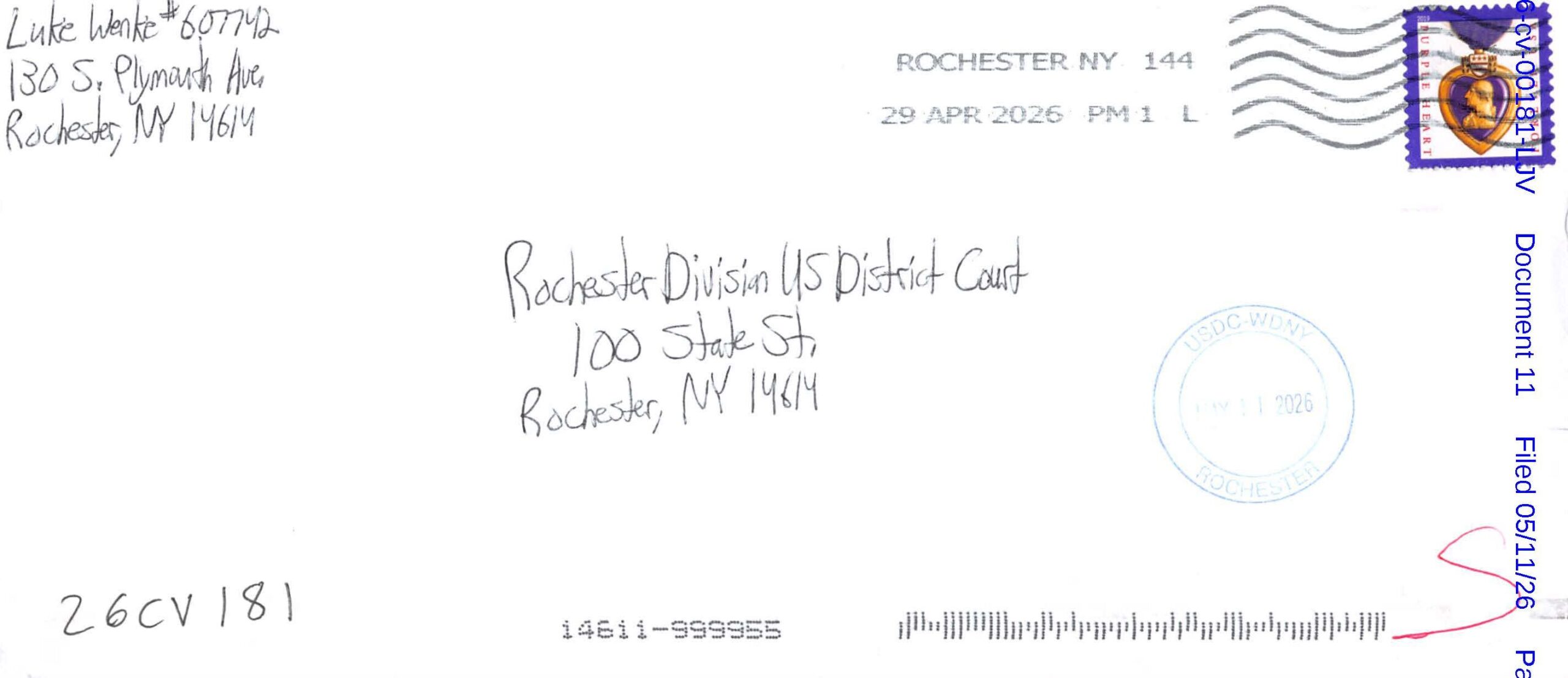 A letter from Luke Wenke to the U.S. District Court in Rochester, NY; 05/11/2026.